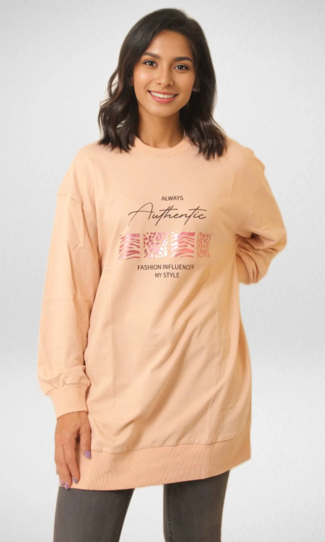 Women's "Authentic" Graphic Tunic Sweatshirt – Pastel Peach